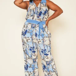 Plus Size Multi Print Collar Jumpsuit