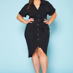 Plus Size High Low Ruched Collar Dress