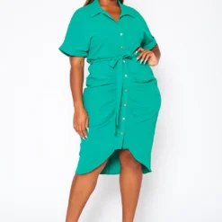 Plus Size High Low Ruched Collar Dress