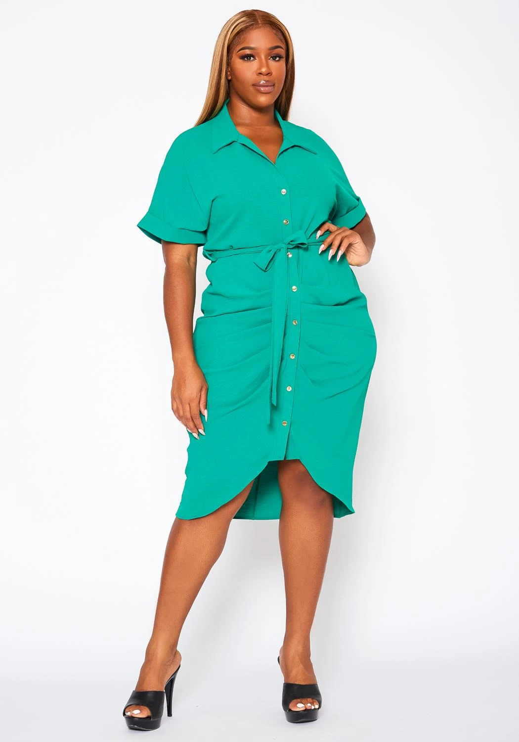 Plus Size High Low Ruched Collar Dress