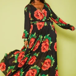 Plus Size Fit & Flare Peony Print Maxi Dress