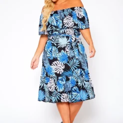 Plus Size Off Shoulder Leaf Print Tiered Dress