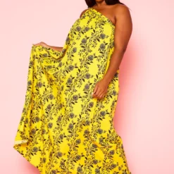 Plus Size One Shoulder Floral Print Maxi Dress