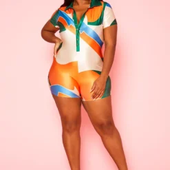 Plus Size Summer Print Collar Romper