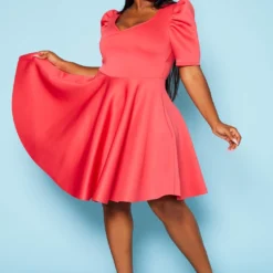 Plus Size Puff Sleeve Flare Mini Dress