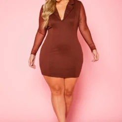 Plus Size Collared Bodycon Dress With Mesh Sleeves
