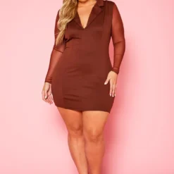Plus Size Collared Bodycon Dress With Mesh Sleeves -Femme Avid Sales Store 2021085 002 3