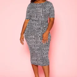 Plus Size Greek Key Print Bodycon Midi Dress -Femme Avid Sales Store 2021135 001 0