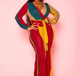 Plus Size Color Block Long Sleeve Jumpsuit