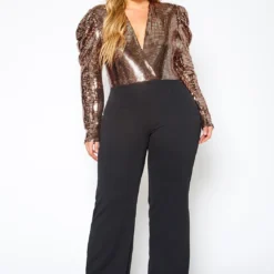 Plus Size Sequin Contrast Flare Jumpsuit