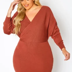 Plus Size Ribbed Knit Dolman Sleeve Mini Dress