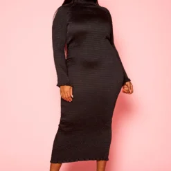 Plus Size Smocked High Neck Long Sleeve Maxi Dress