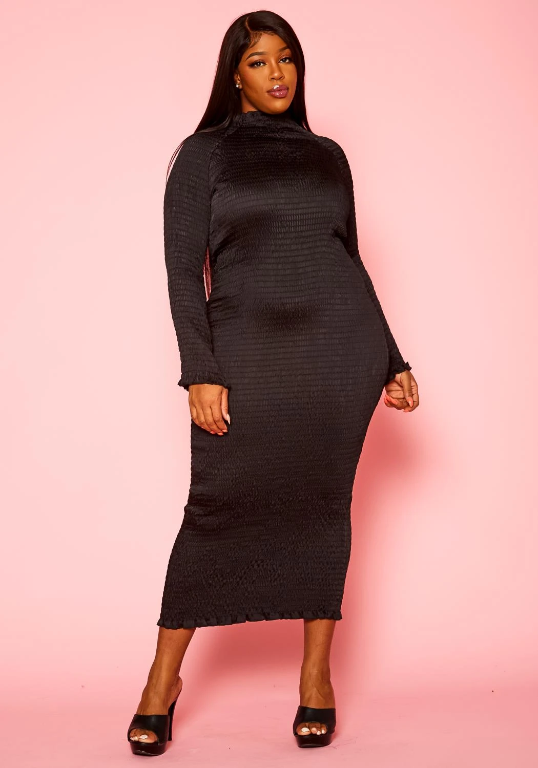 Plus Size Smocked High Neck Long Sleeve Maxi Dress