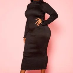 Plus Size Smocked High Neck Long Sleeve Maxi Dress -Femme Avid Sales Store 2021285 001 2
