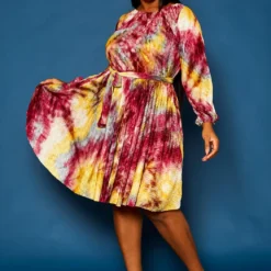 Plus Size Tie Dye Fit & Flare Pleated Dress