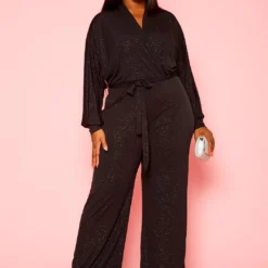 Plus Size Shimmer Long Sleeve Flare Jumpsuit