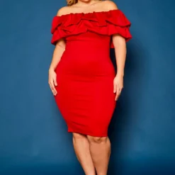 Plus Size Off Shoulder Ruffle Hem Dress