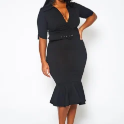 Plus Size Open Collar Mermaid Flare Midi Dress