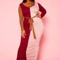 Plus Size Color Block Long Sleeve Maxi Dress