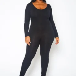 Plus Size Solid Long Sleeve Fitted Jumpsuit