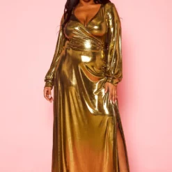 Plus Size Gold Metallic Fit & Flare Maxi Dress