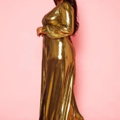 Plus Size Gold Metallic Fit & Flare Maxi Dress -Femme Avid Sales Store 2021399 001 3
