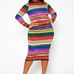 Plus Size Multi Color Pattern Long Sleeve Midi Dress