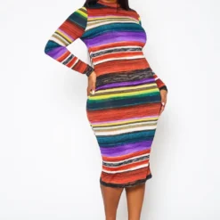 Plus Size Multi Color Pattern Long Sleeve Midi Dress -Femme Avid Sales Store 2022429 001 2