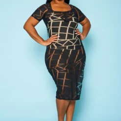 Plus Size Geometric Print Mesh Dress
