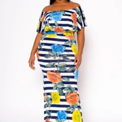 Plus Size Floral Striped Fit & Flare Maxi Dress