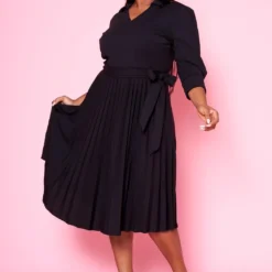 Plus Size Pleated Fit & Flare Midi Dress