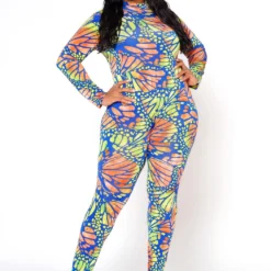 Plus Size Butterfly Print Fitted Jumpsuit