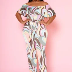 Plus Size Abstract Pattern Off Shoulder Jumpsuit