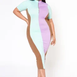 Plus Size Color Block Zip Front Bodycon Dress