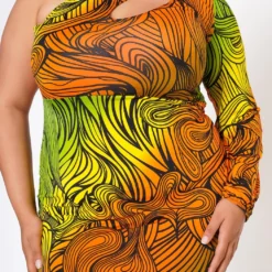 Plus Size Multi Abstract Pattern One Sleeve Midi Dress -Femme Avid Sales Store 2022514 002 5