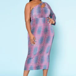 Plus Size Multi Dotted Print One Sleeve Midi Dress