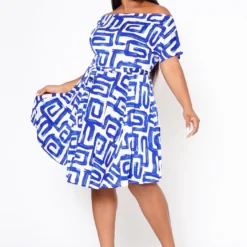 Plus Size Abstract Print Off Shoulder Flare Dress