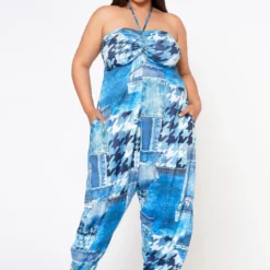 Plus Size Patchwork Denim Print Harem Jumpsuit