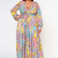 Plus Size Multi Chainlink Pattern Fit & Flare Maxi Dress