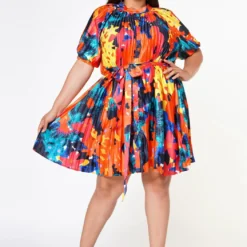 Plus Size Multi Pattern Pleated Fit & Flare Dress