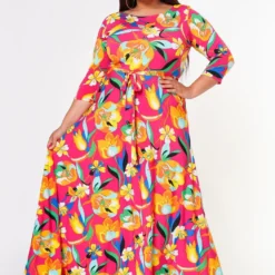 Plus Size Floral Pattern Fit & Flare Maxi Dress