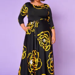 Plus Size Golden Floral Print Fit & Flare Maxi Dress