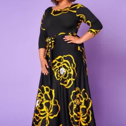 Plus Size Golden Floral Print Fit & Flare Maxi Dress -Femme Avid Sales Store 2022613 001 2