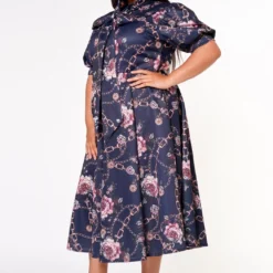 Plus Size Floral Chainlink Print Bow Collar Flare Dress -Femme Avid Sales Store 2022633 001 2