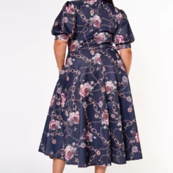Plus Size Floral Chainlink Print Bow Collar Flare Dress -Femme Avid Sales Store 2022633 001 3