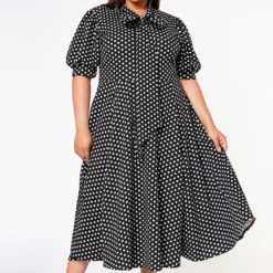 Plus Size Polka Dot Print Bow Collar Flare Dress
