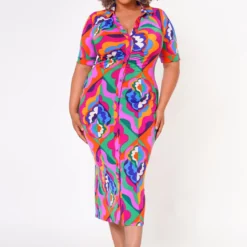 Plus Size Abstract Pattern Button Front Midi Dress -Femme Avid Sales Store 2022675 001 2