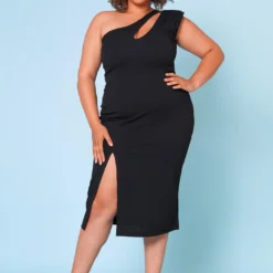 Plus Size Asymmetric One Sleeve Cocktail Midi Dress