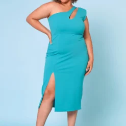 Plus Size Asymmetric One Sleeve Cocktail Midi Dress