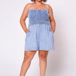 Plus Size Denim Smocked Romper